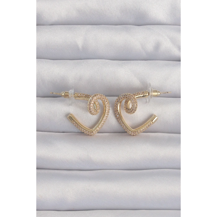 HarmonyAura Pirinç Gold Renk Zirkon Taşlı Kıvrımlı Yarım Kalp Küpe