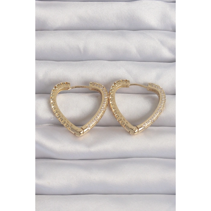 HarmonyAura Pirinç Gold Renk Zirkon Taşlı Motifli Kalp Küpe