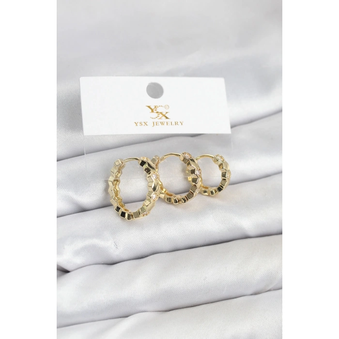 HarmonyAura Pirinç Gold Renk Zirkon Taşlı Petek Halka Model YSX Trio Küpe Seti