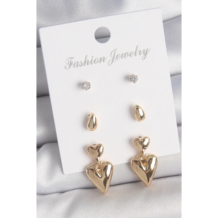 HarmonyAura Pirinç Gold Renk Zirkon Taşlı Sallantılı Kalp Model 3 Çift Kadın Küpe Seti