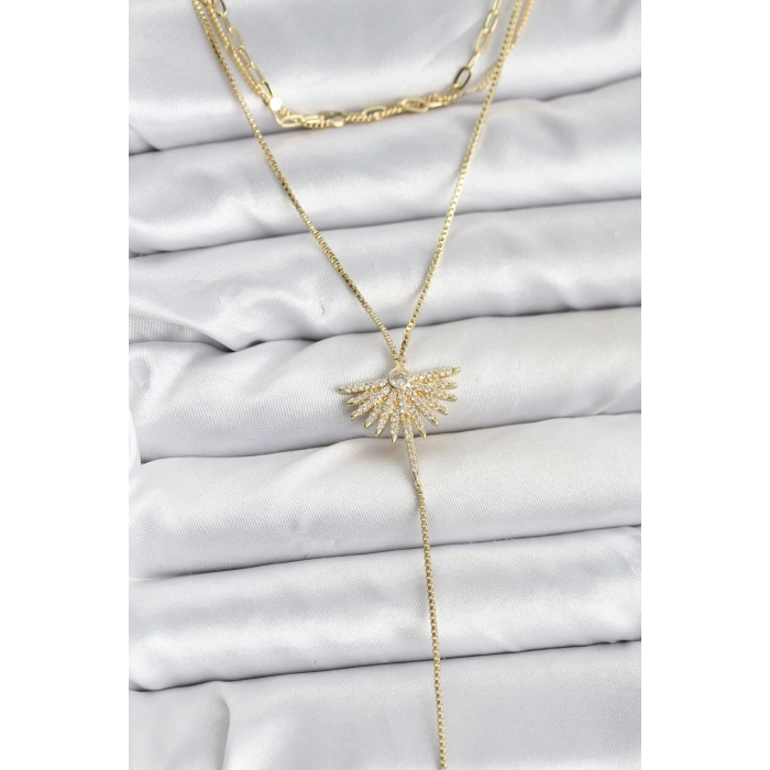 HarmonyAura Pirinç Gold Renk Zirkon Taşlı Yelpaze Model Detaylı 3lü Kombin Y Kadın Kolye