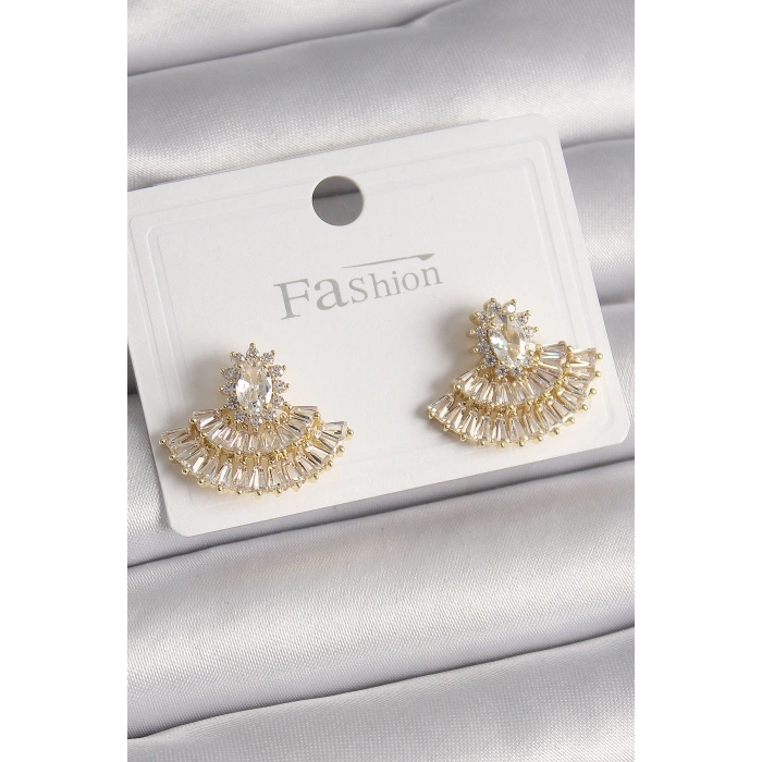 HarmonyAura Pirinç Gold Renk Zirkon Taşlı Yelpaze Model Kadın Küpe