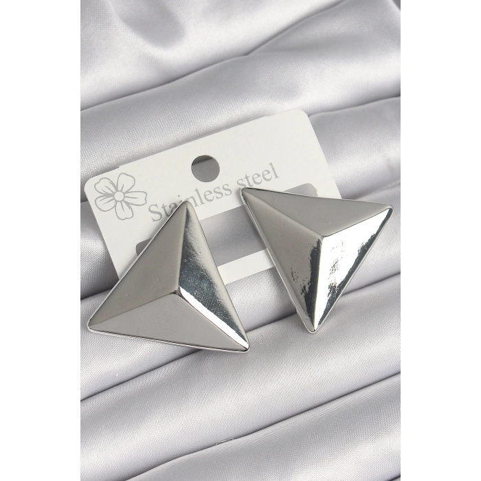 HarmonyAura Pirinç Gümüş Renk 3D Üçgen Model Kadın Küpe