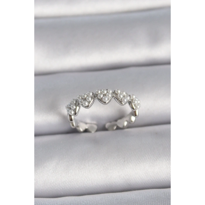 HarmonyAura Pirinç Gümüş Renk Ayarlanabilir İncili Kalp Model Kadın Yüzük