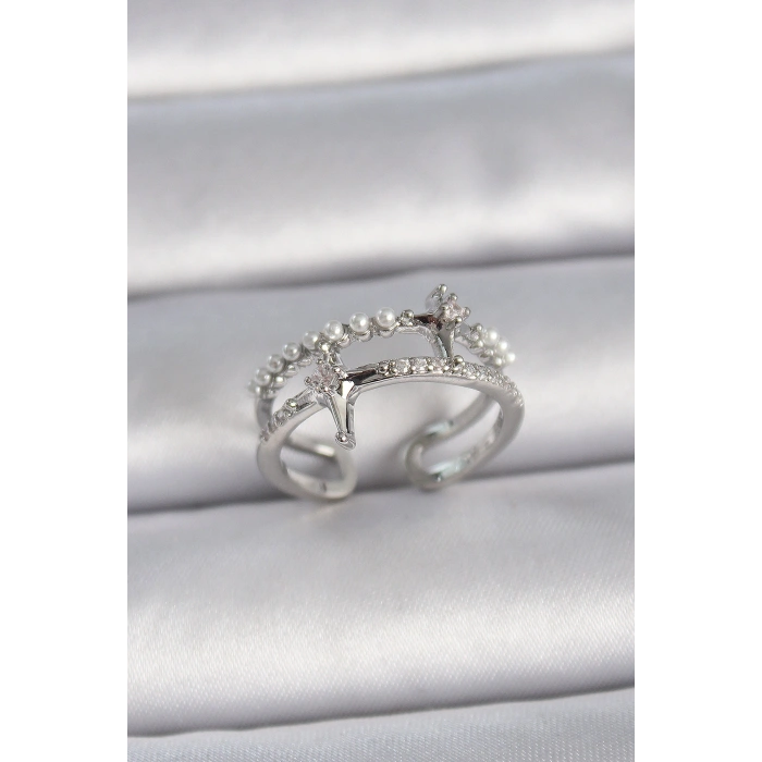 HarmonyAura Pirinç Gümüş Renk Ayarlanabilir Zirkon Taşlı Kutup Yıldız İnci Detay Kadın Yüzük