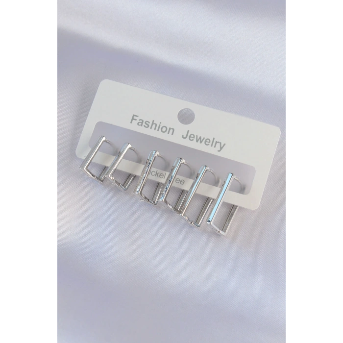 HarmonyAura Pirinç Gümüş Renk Dikdörtgen Model Küpe Seti