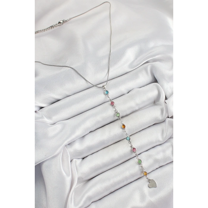 HarmonyAura Pirinç Gümüş Renk Karışık Renk Zirkon Taşlı Y Kadın Kolye