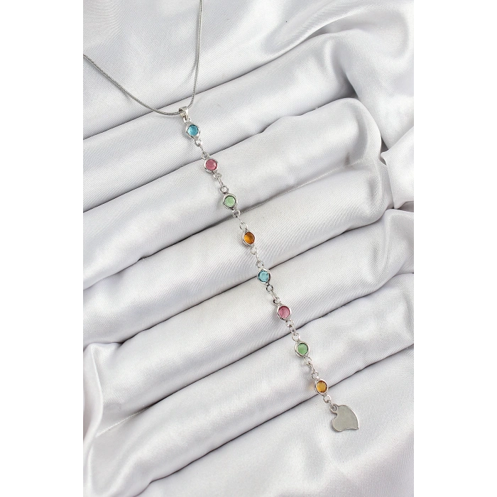 HarmonyAura Pirinç Gümüş Renk Karışık Renk Zirkon Taşlı Y Kadın Kolye