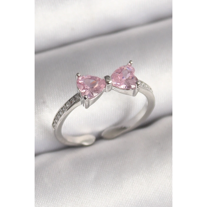HarmonyAura Pirinç Gümüş Renk Pembe Zirkon Taşlı Kalp Fiyonk Model Kadın Yüzük