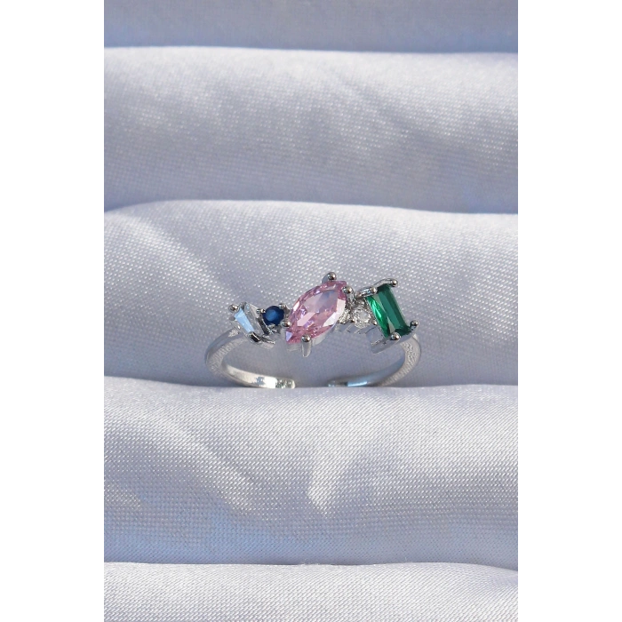 HarmonyAura Pirinç Gümüş Renk Renkli Zirkon Taşlı Ayarlanabilir Yüzük