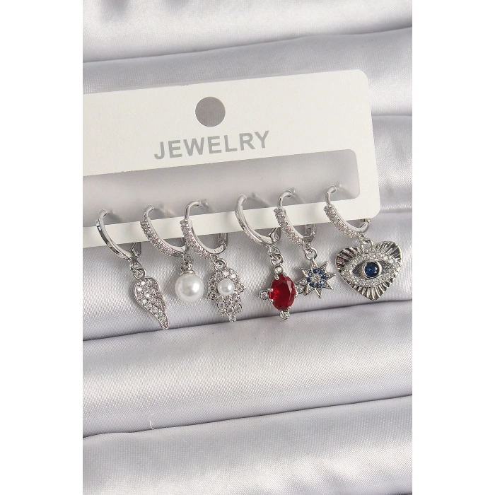 HarmonyAura Pirinç Gümüş Renk Sallantı Zirkon Taşlı Fatma Ana El Figür Kadın Küpe Seti