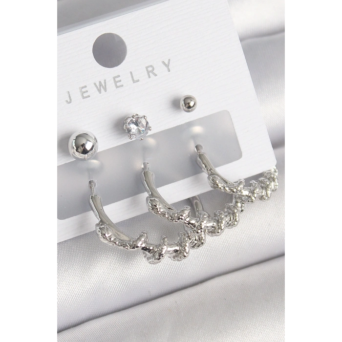 HarmonyAura Pirinç Gümüş Renk Sarmal Yılan Halka Model Zirkon Taşlı Topçuk Detay Kadın Küpe Seti