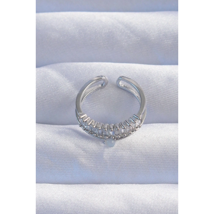 HarmonyAura Pirinç Gümüş Renk Sedefli Zirkon Taşlı Su Yolu Model 2li Görünüm Ayarlanabilir Yüzük