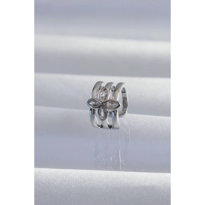 HarmonyAura Pirinç Gümüş Renk Yonca Earcuff Küpe