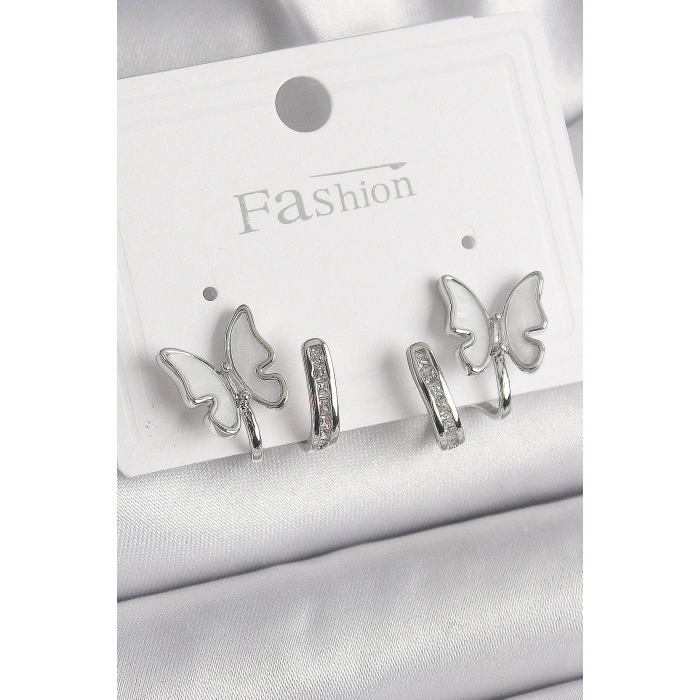 HarmonyAura Pirinç Gümüş Renk Zirkon Taş Detaylı Beyaz Sedefli Kelebek Model Kadın Küpe