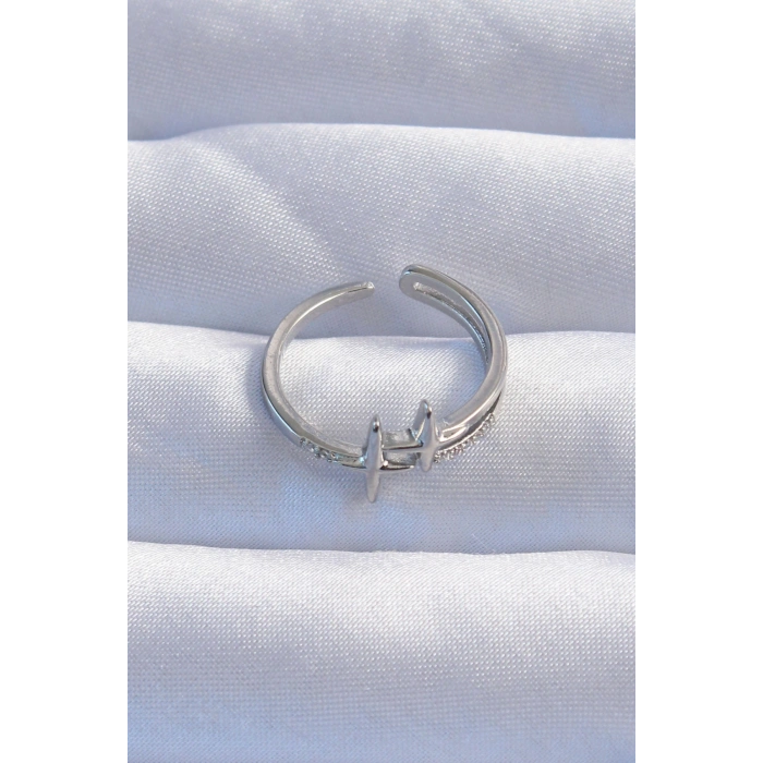 HarmonyAura Pirinç Gümüş Renk Zirkon Taşlı 2li Görünüm Ayarlanabilir Yıldız Model Yüzük