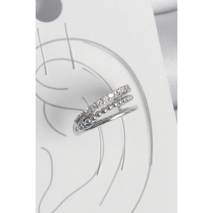 HarmonyAura Pirinç Gümüş Renk Zirkon Taşlı 3Lü Sıralı Model Kadın Kıkırdak Küpe