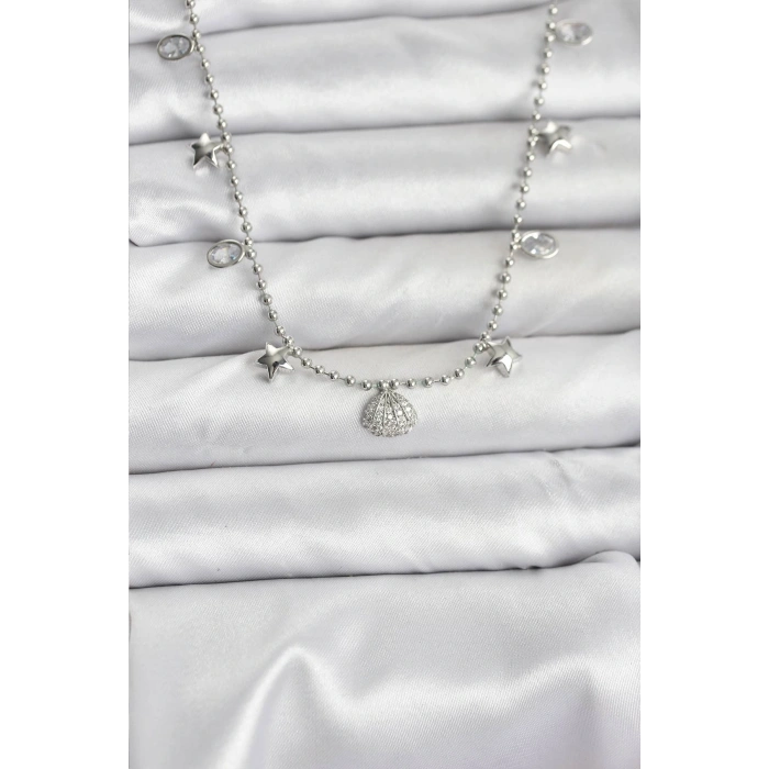 HarmonyAura Pirinç Gümüş Renk Zirkon Taşlı Deniz Kabuğu Model Kadın Kolye