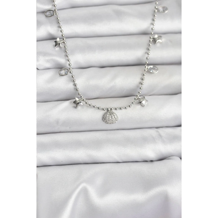 HarmonyAura Pirinç Gümüş Renk Zirkon Taşlı Deniz Kabuğu Model Kadın Kolye