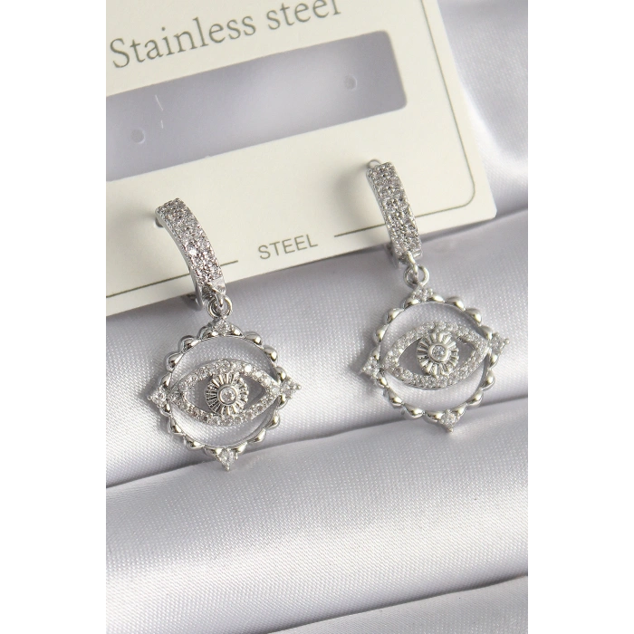 HarmonyAura Pirinç Gümüş Renk Zirkon Taşlı Göz Model Kadın Küpe