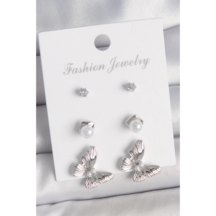 HarmonyAura Pirinç Gümüş Renk Zirkon Taşlı İnci Detaylı Kelebek Model 3 Çift Kadın Küpe Seti