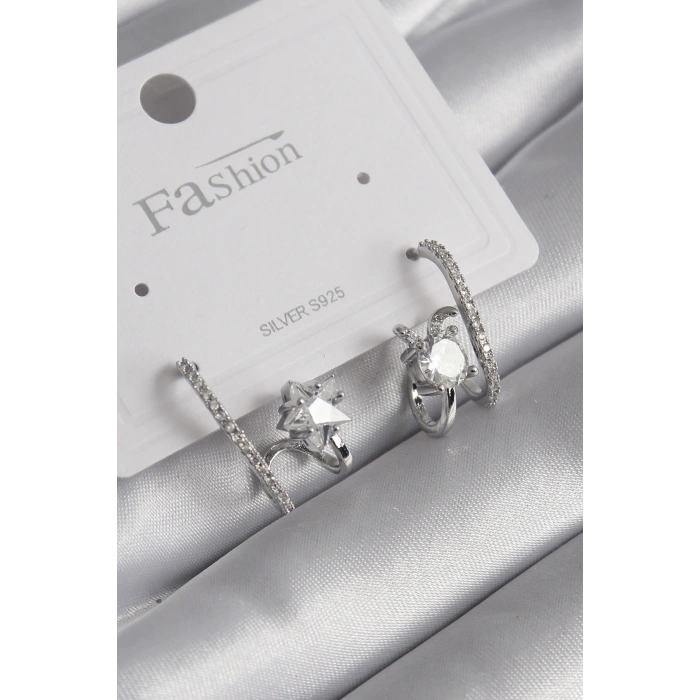 HarmonyAura Pirinç Gümüş Renk Zirkon Taşlı Kadın Küpe