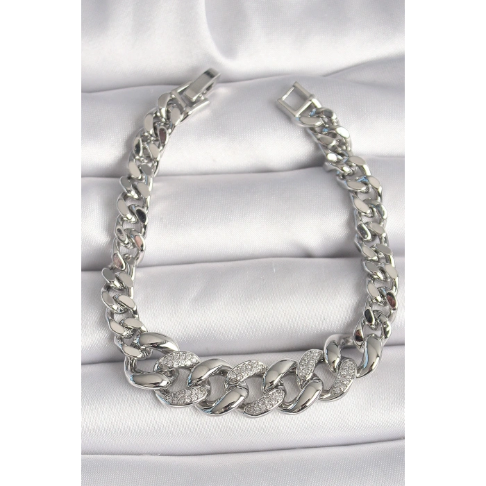 HarmonyAura Pirinç Gümüş Renk Zirkon Taşlı Kalın Halka Model Kadın Bileklik