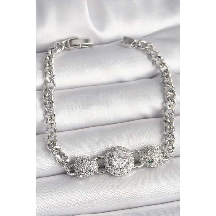 HarmonyAura Pirinç Gümüş Renk Zirkon Taşlı Leopar Figür Zincir Model Kadın Bileklik