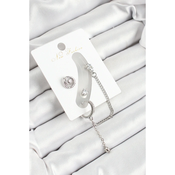 HarmonyAura Pirinç Halka Figürlü Zirkon Taşlı Gümüş Renk 3lü Kıkırdak Kadın Küpe Set