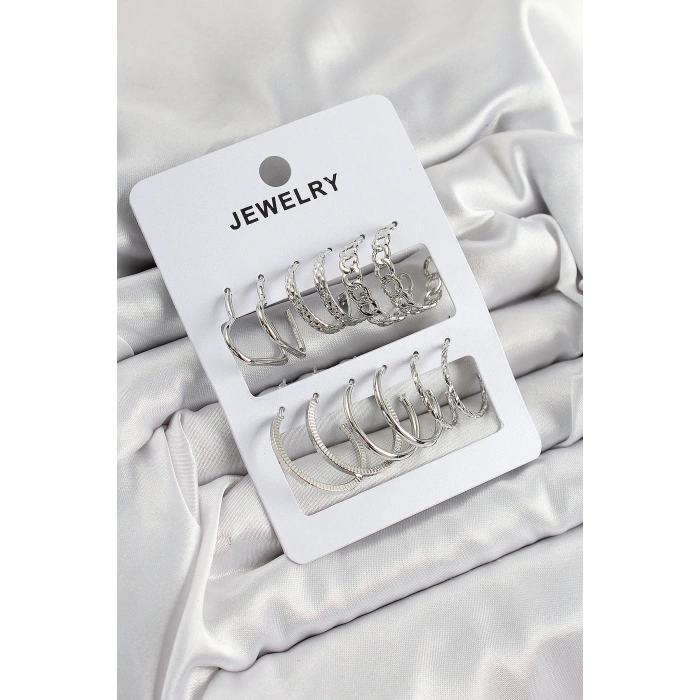 HarmonyAura Pirinç Karışık Halka Model Gümüş Renk 6 Çift Kadın Küpe Set