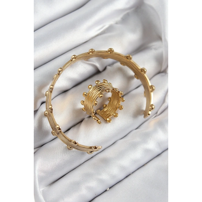 HarmonyAura Pirinç Topcuk Model Gold Renk Bileklik Yüzük Set