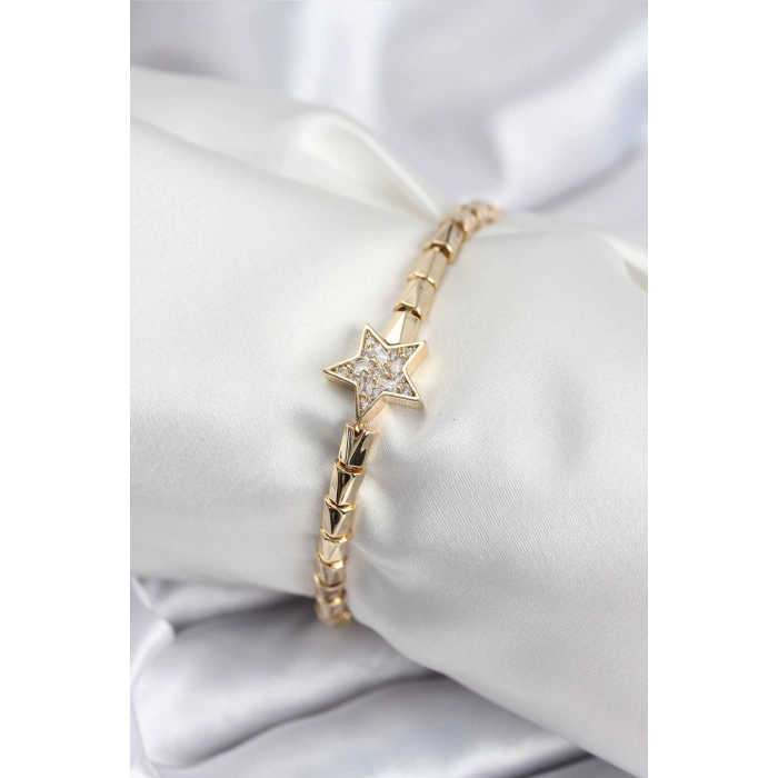 HarmonyAura Pirinç VIP Seri Gold Renk Zirkon Taşlı Yıldız Model Kadın Bileklik
