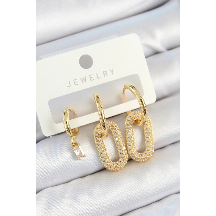 HarmonyAura Pirinç Zirkon Taşlı Dikdörtgen Model Gold Renk 3lü Çift Kadın Küpe Set