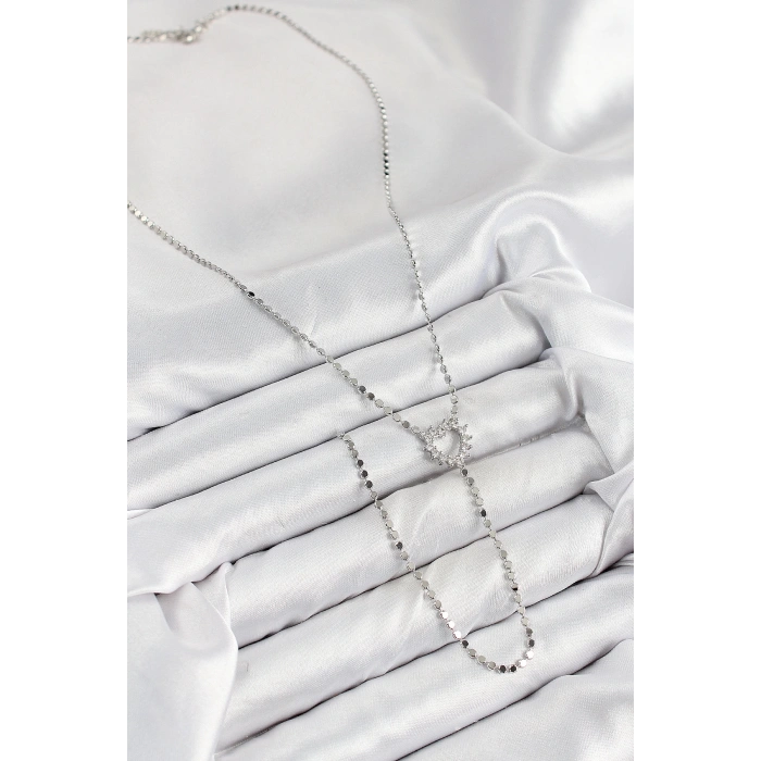 HarmonyAura Pirinç Zirkon Taşlı Ezme Zincirli Kalp Model Gümüş Renk Y Kolye