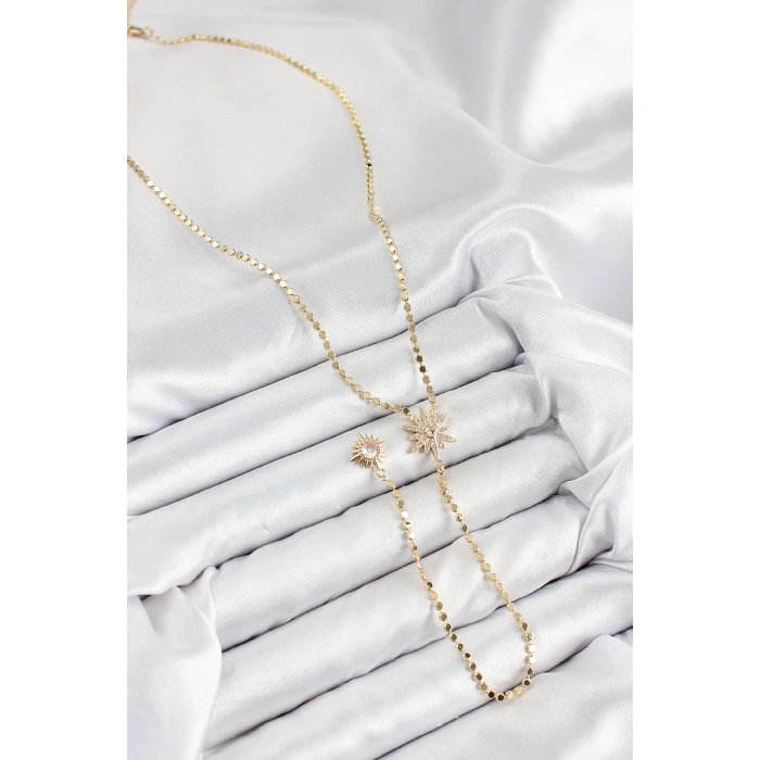 HarmonyAura Pirinç Zirkon Taşlı Ezme Zincirli Kutup Yıldızı Model Gold Renk Y Kolye