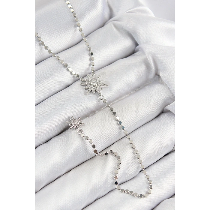 HarmonyAura Pirinç Zirkon Taşlı Ezme Zincirli Kutup Yıldızı Model Gümüş Renk Y Kolye