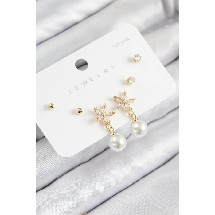 HarmonyAura Pirinç Zirkon Taşlı İnci Sallantılı Çiçek Model Gümüş Renk 925 Ayar Gümüş Çivi Kadın Küpe Set