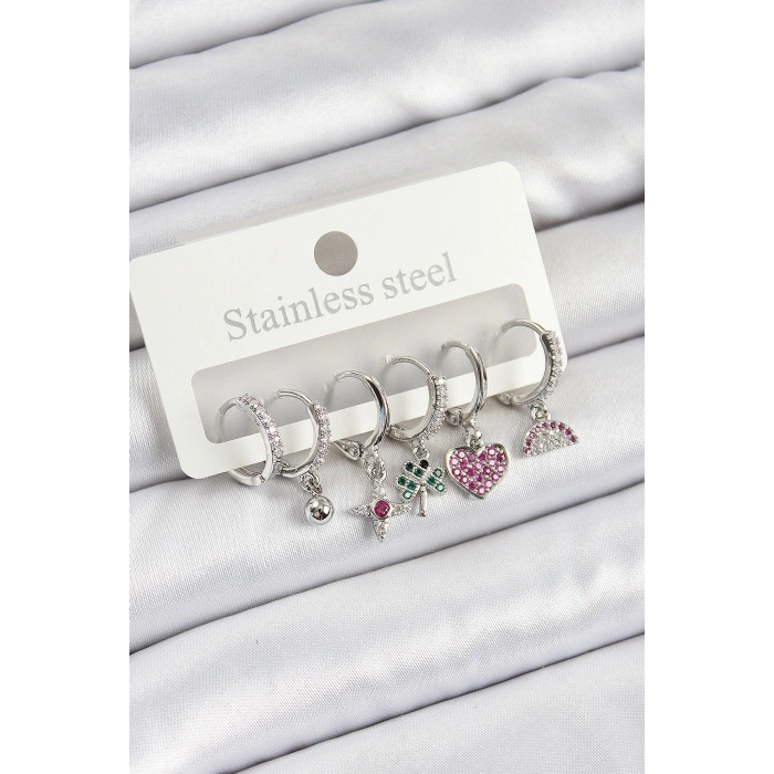 HarmonyAura Pirinç Zirkon Taşlı Karpuz Yonca Kalp Pusula Karışık Model Gümüş Renk 6lı Set Kadın Küpe