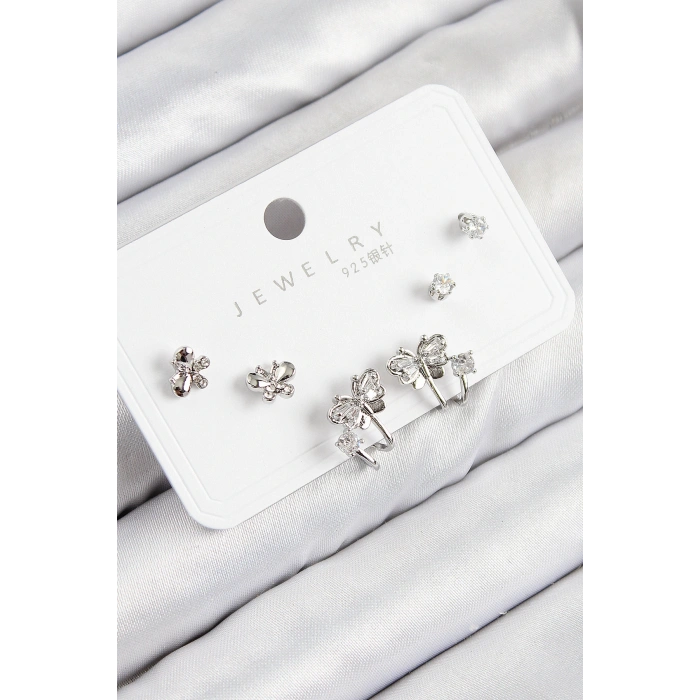 HarmonyAura Pirinç Zirkon Taşlı Kelebek Model Gümüş Renk 925 Ayar Gümüş Çivi Kadın Küpe Set