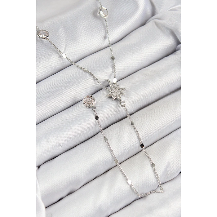 HarmonyAura Pirinç Zirkon Taşlı Kutup Yıldızı Model Gümüş Renk Y Kolye