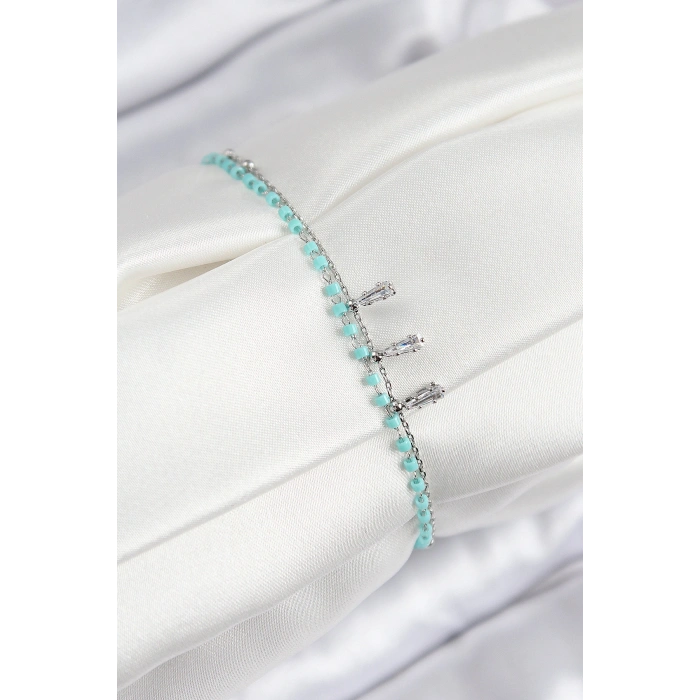 HarmonyAura Pirinç Zirkon Taşlı Mavi Boncuklu Model Gümüş Renk Kadın Bileklik