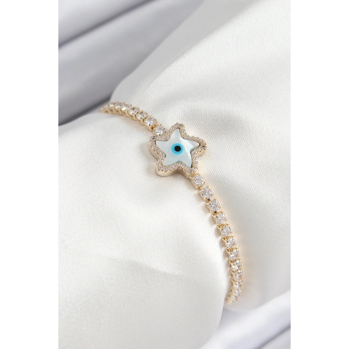 HarmonyAura Pirinç Zirkon Taşlı Nazar Yıldız Model Gold Renk Asansörlü Kadın Bileklik