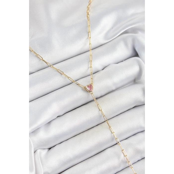 HarmonyAura Pirinç Zirkon Taşlı Pembe Kalp Figürlü Y Model Gold Renk Kadın Kolye