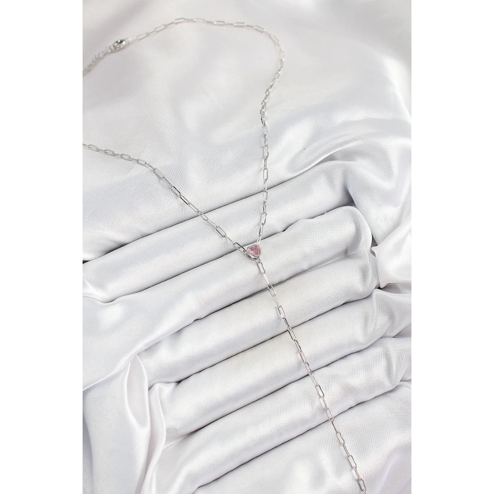 HarmonyAura Pirinç Zirkon Taşlı Pembe Kalp Figürlü Y Model Gümüş Renk Kadın Kolye