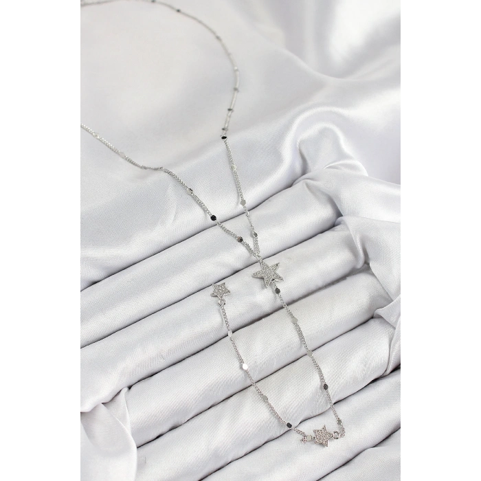 HarmonyAura Pirinç Zirkon Taşlı Yıldız Model Gümüş Renk Y Kolye