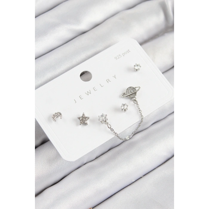 HarmonyAura Pirinç Zirkon Taşlı Yıldız Ve Gezegen Model Gümüş Renk 925 Ayar Gümüş Çivi Kadın Küpe Set