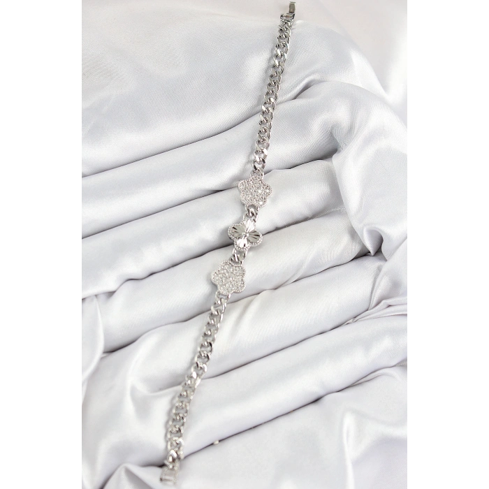 HarmonyAura Pirinç Zirkon Taşlı Yonca Model Gümüş Renk Kadın Bileklik