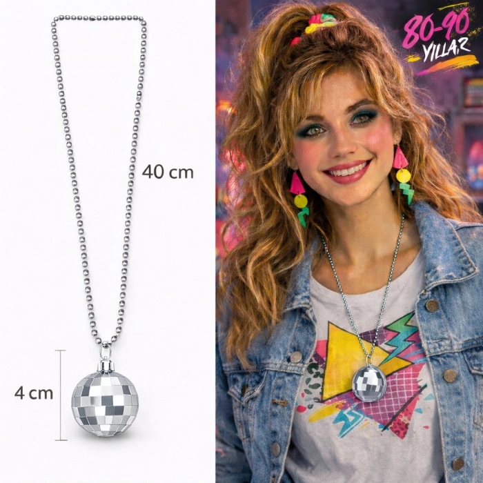 HarmonyAura Retro Disko Topu Şekilli 80'ler 90'lar Gümüş Renk Plastik Kolye