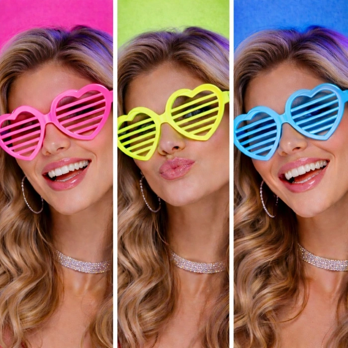 HarmonyAura Retro Neon Fosforlu Kalp Panjur Gözlük 12 Adet – 80’ler 90’lar Parti Stili