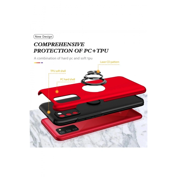 HarmonyAura  Samsung Galaxy A02s Kılıf Elit Yüzüklü Kapak - Kırmızı